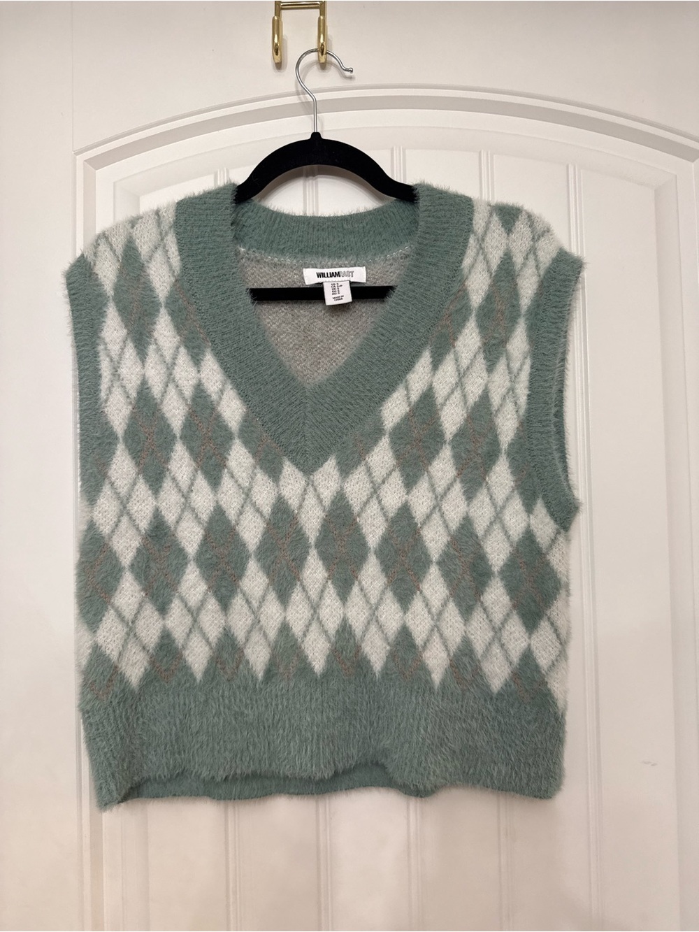 William Rast Sage Green and Ivory Argyle V-Neck Sweater Vest
